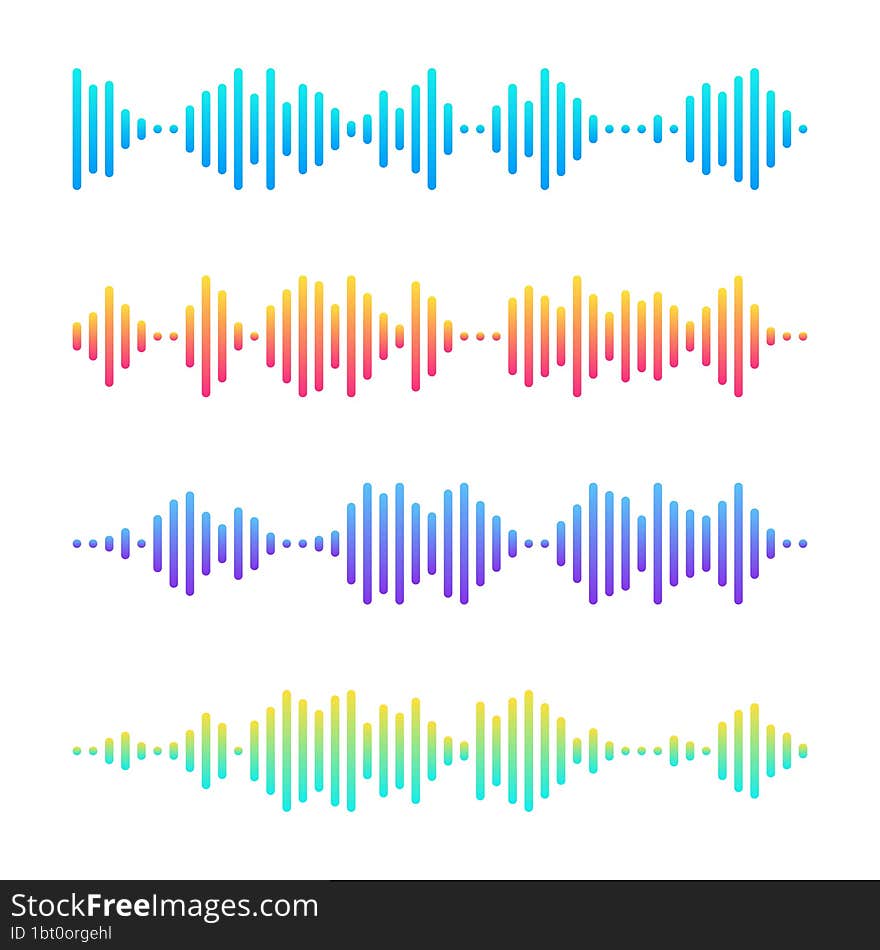 Colorful music sound waves. Set of 4 audio waves with gradient. Illustration on white background.