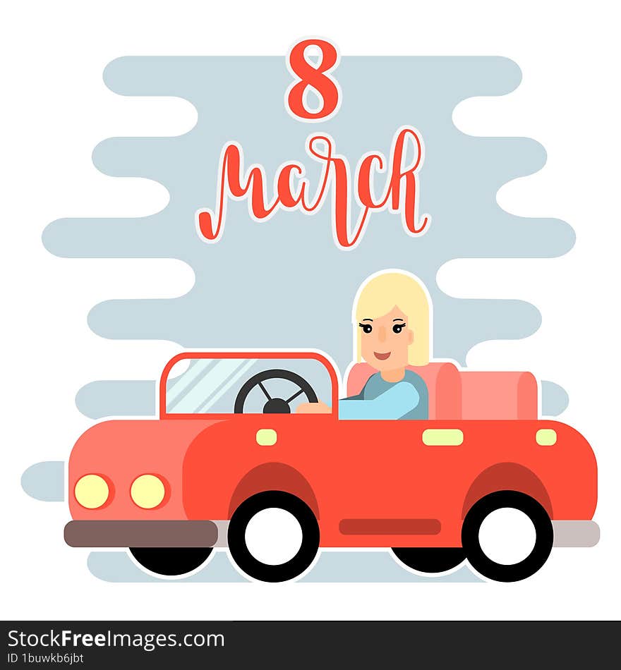 Cute Retro Car Delivering Bouquet Of Tulips. 8 March, Birthday Or Wedding Concept. Love, Romantic  Illustration In Flat Cart