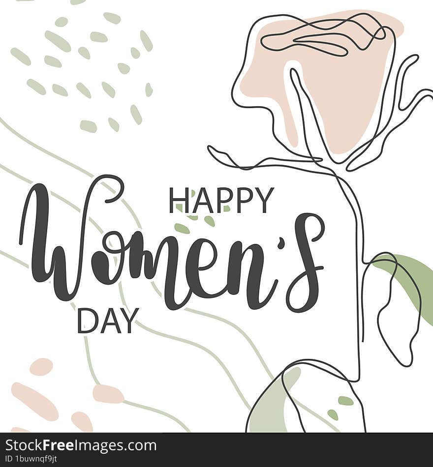 Happy Women& X27 S Day Greeting Card. Hand Drawn  Line Calligraphy. One Rose Flower. Elegant Banner With Women& X27 S Day.