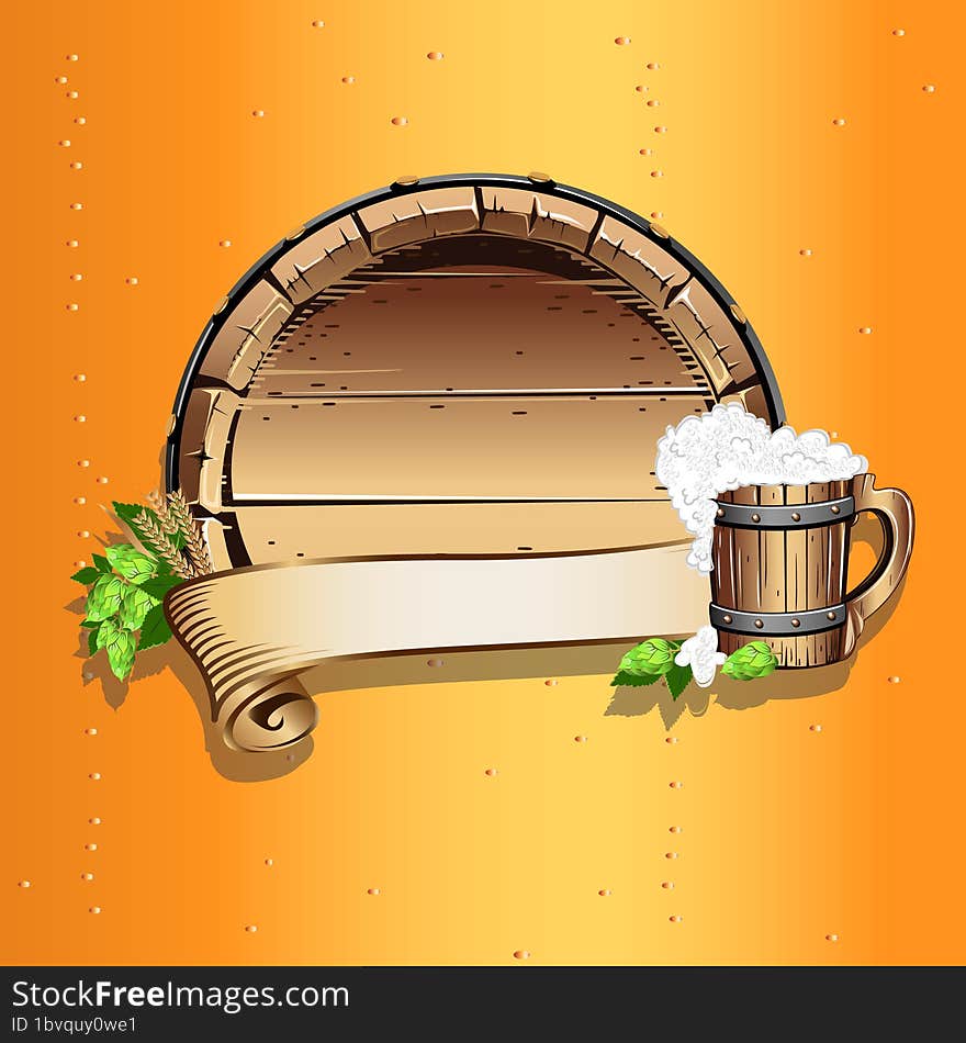 Old wooden barrel with beer. Vector illustration on white background.