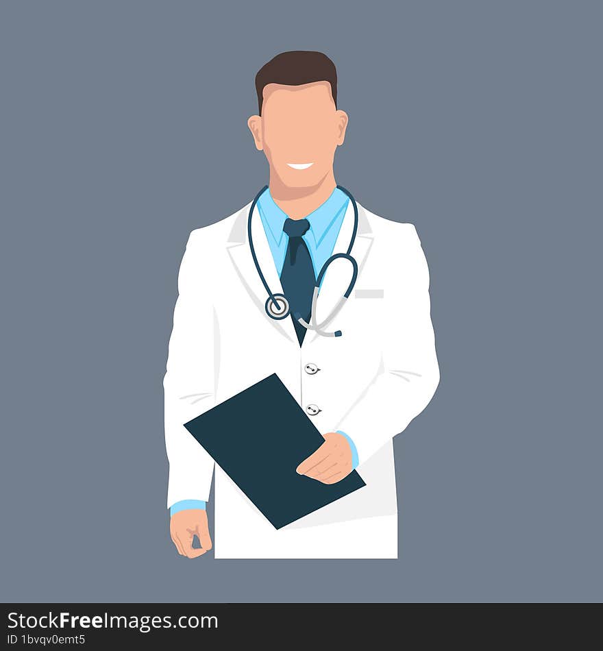 A friendly doctor in a white coat with a stethoscope and a tablet in his hand. Illustration in a flat style.