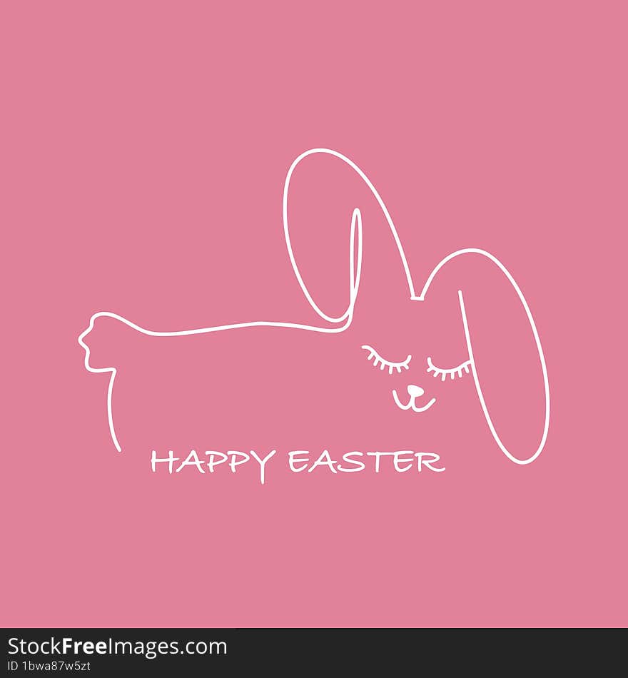 Cute Rabbit In One Line And Happy Easter Inscription. Easter Card. Vector Illustration