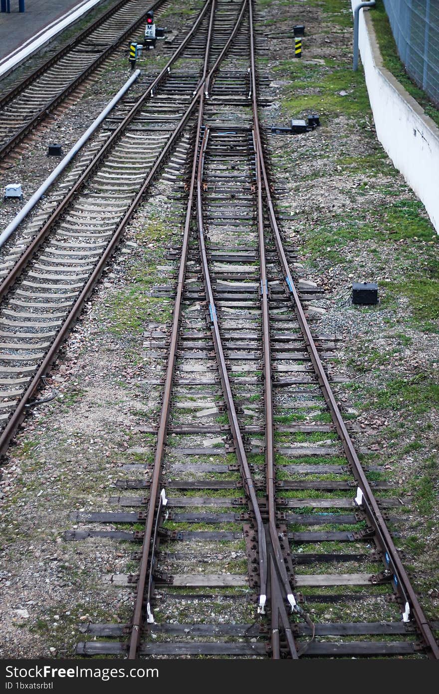 Top view of the branching railway. An empty rusty railway.