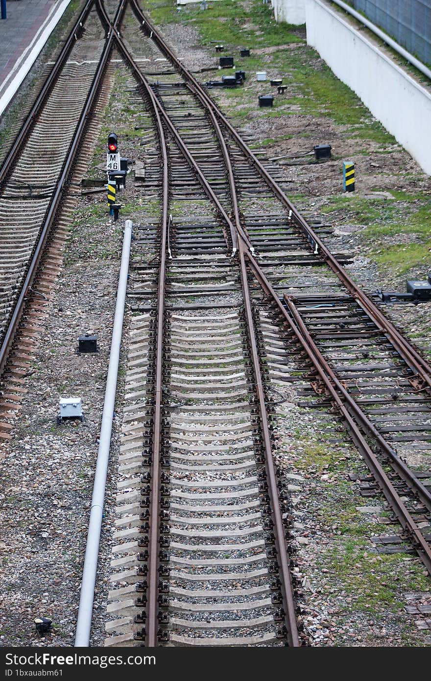 Top view of the branching railway. An empty rusty railway.