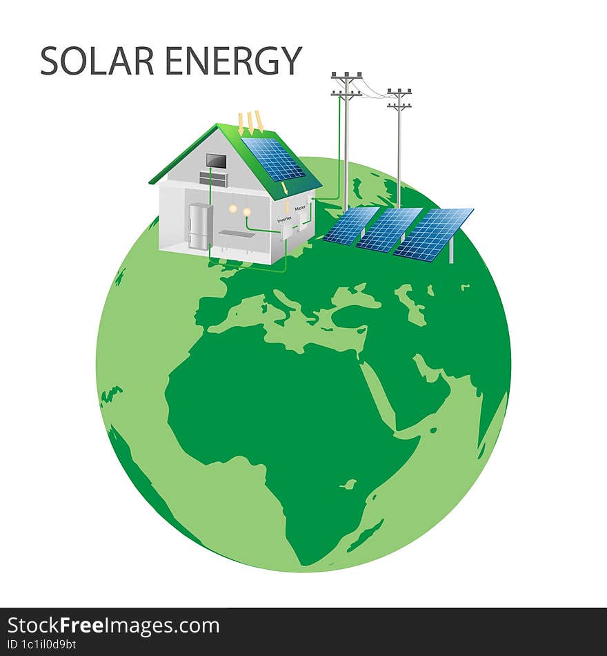 Eco-house based on green renewable and solar energy. with windmills, and solar energy panels