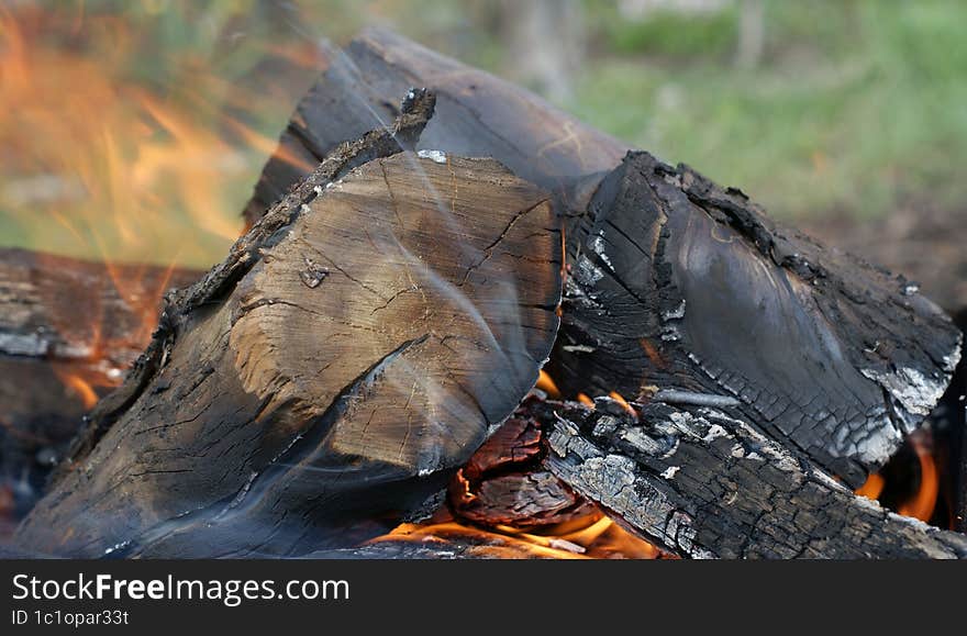 Bonfire. Orange flame of a fire. Bonfire on the grill with smoke. Arson or natural disaster. Bonfire close. Fire in nature. Bonfire background.