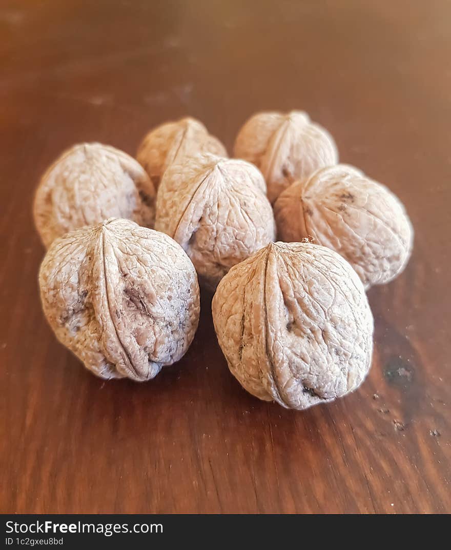 Walnut seeds on a table in view