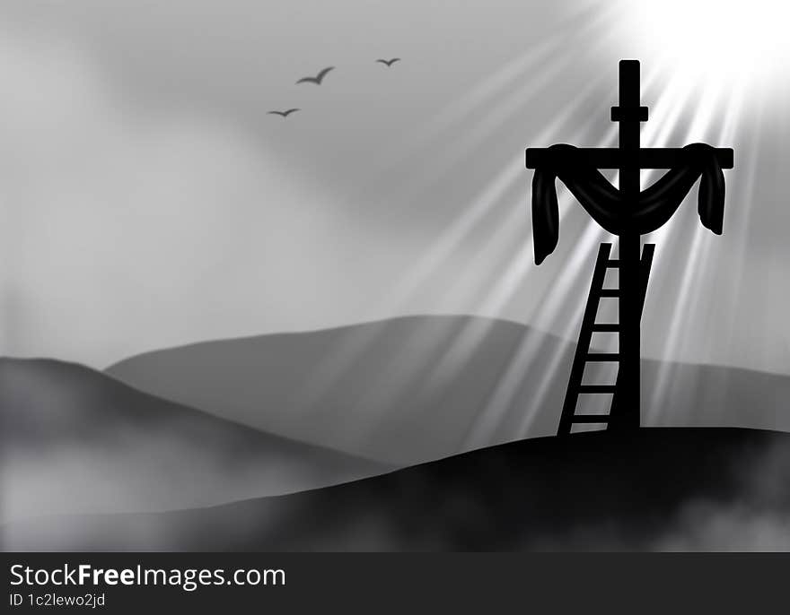 Silhouette drawing of the cross of the resurrected Jesus on the background of light rays. Black and white horizontal illustration. Image Without text.