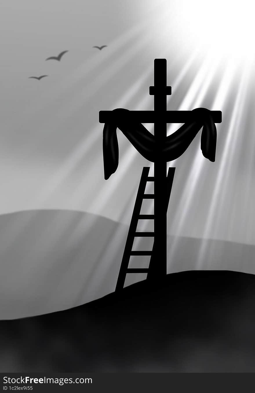 Illustration in silhouette of the cross of the resurrected Jesus on the background of light rays. Vertical representation in black