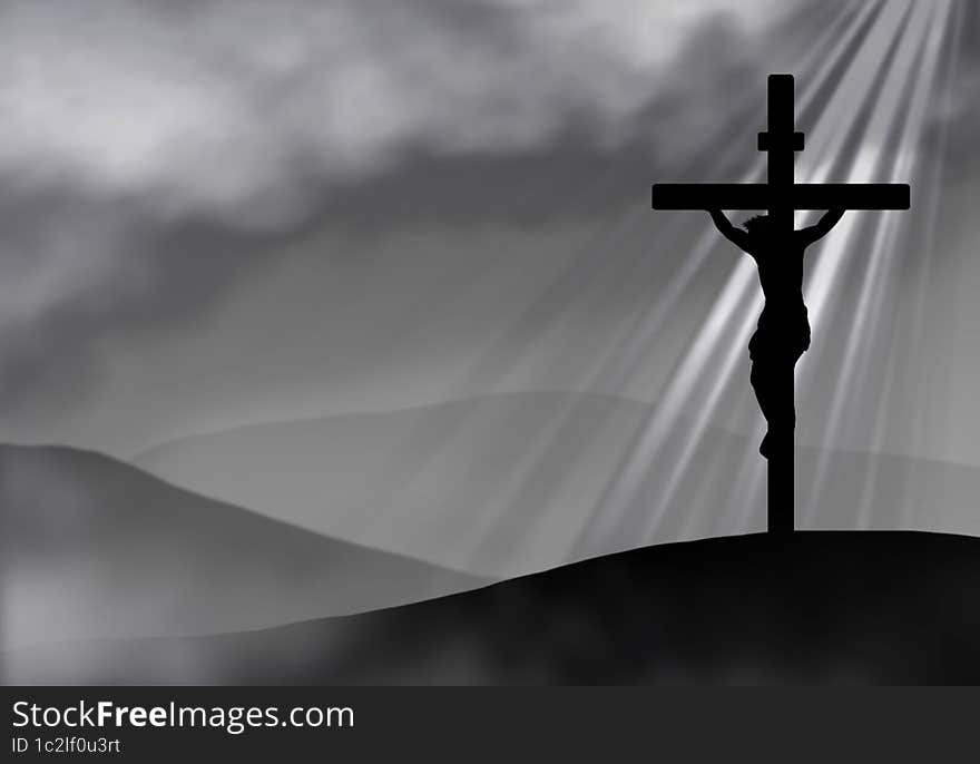 Drawing of Jesus crucified in silhouette, against a cloudy background with rays coming from heaven. Black and white illustration w