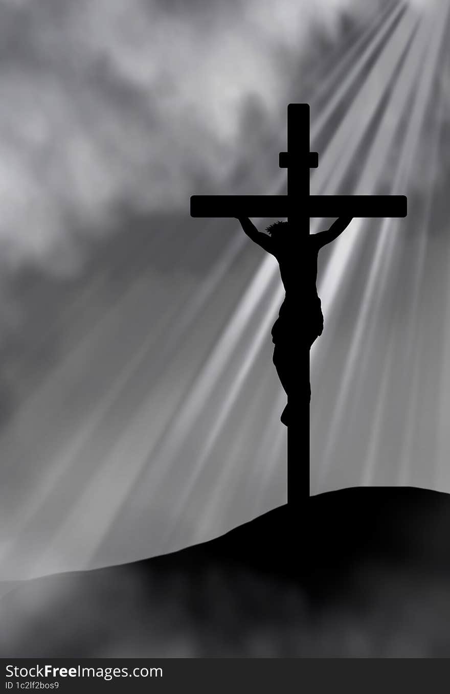 Silhouette Drawing Of Crucified Jesus, On A Cloudy Background With Light Rays. Black And White Illustration. Without Text.