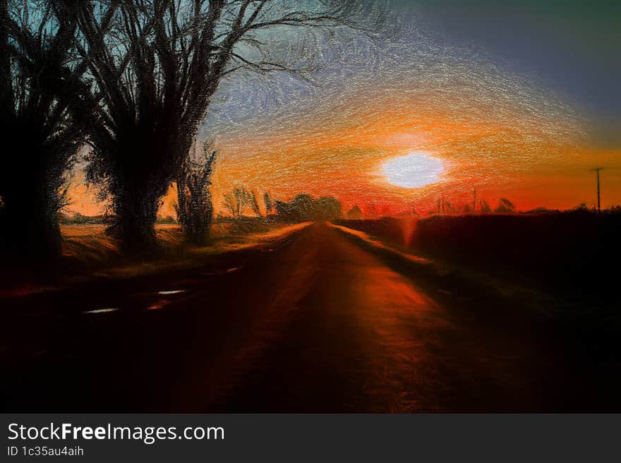 Country Sunrise along the country lane, winter time with processed work to give a painting style to this lovely scene