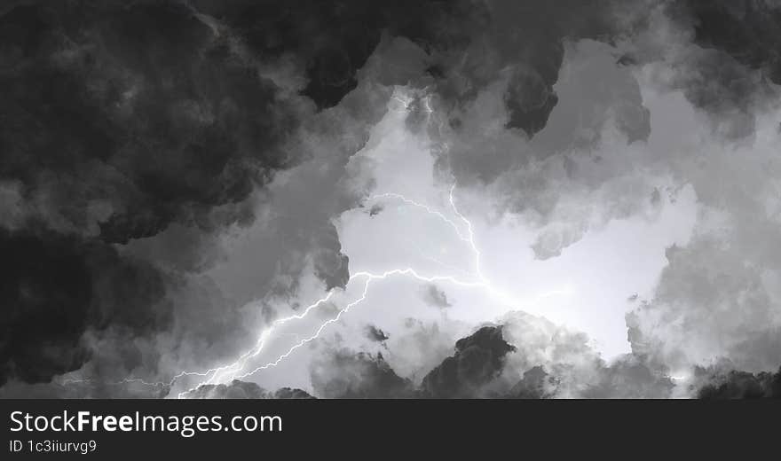 lightning in the dark and white cloudh at the sky