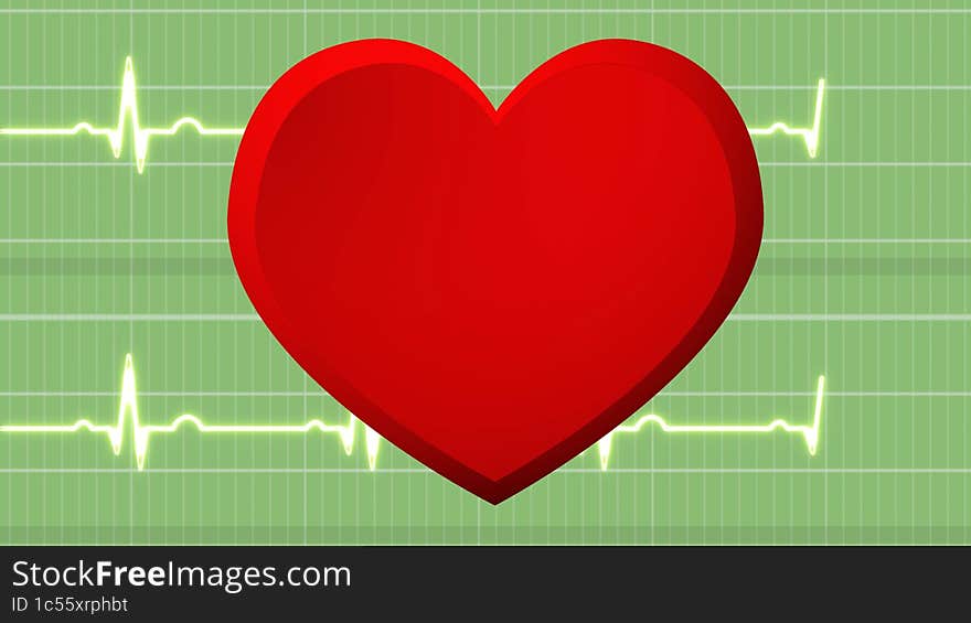 A heartbeat line with a large red heart in the foreground on a green one on an oscilloscope