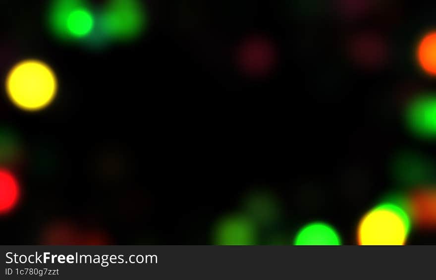 Colorful bright glow bokeh. Christmas vintage lights on black background. Blurred defocused