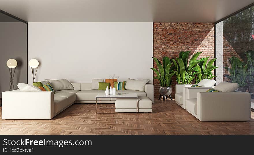 Illustration 3D rendering large luxury modern bright interiors Living room mockup computer digitally generated image