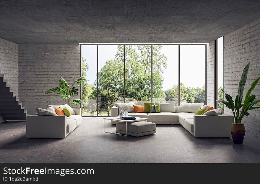 Illustration 3D rendering large luxury modern bright interiors Living room mockup computer digitally generated image