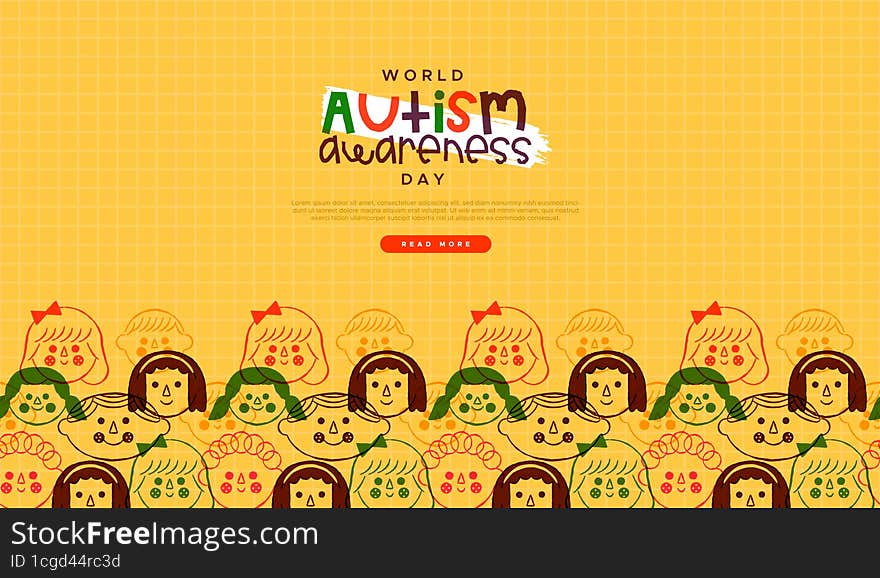 World Autism Awareness Day web template illustration of diverse colorful children cartoon faces in vintage hand drawn style. Autistic education support concept for april 2 event