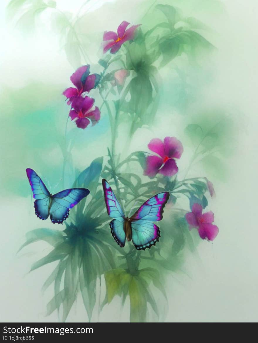 Abstract watercolor flowers, flying butterflies