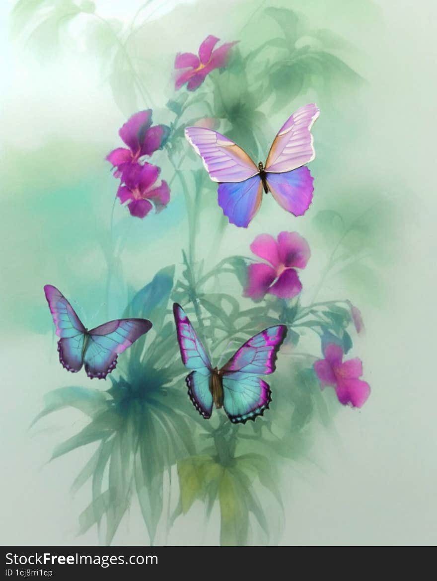 Colorful butterflies, watercolor bright flowers