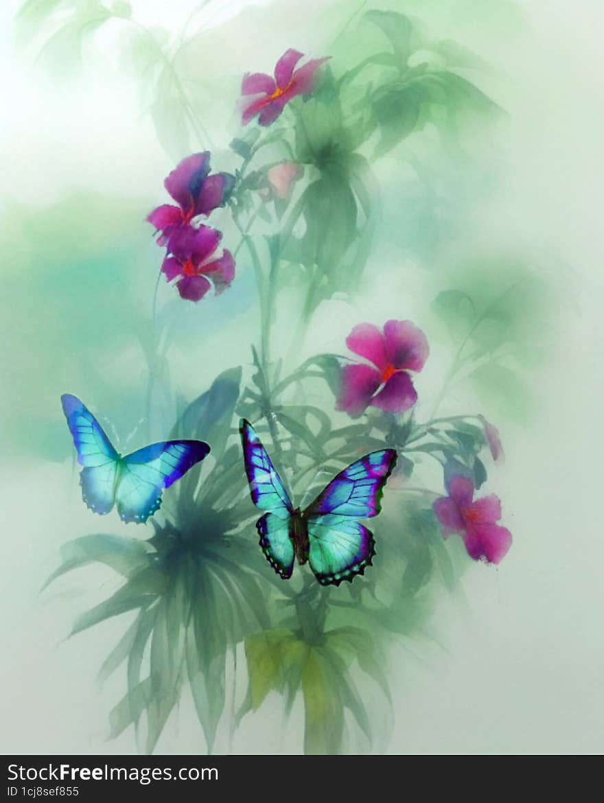 Beautiful Watercolor Flowers , Colorful Butterflies