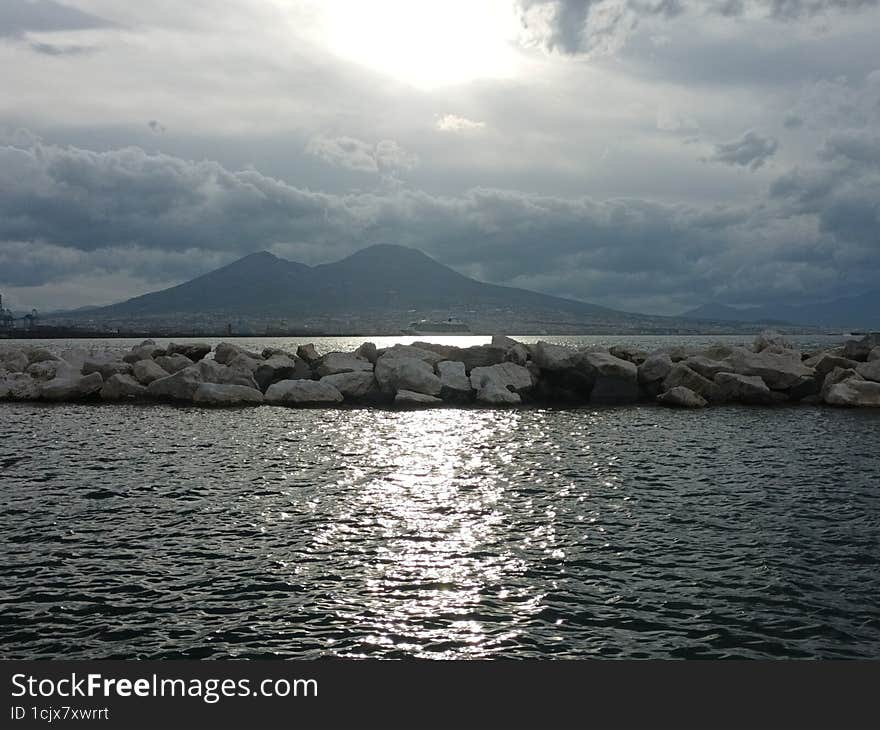 Panoramic view of the Gulf of Naples and Sorrento Coast from Molo Beverello