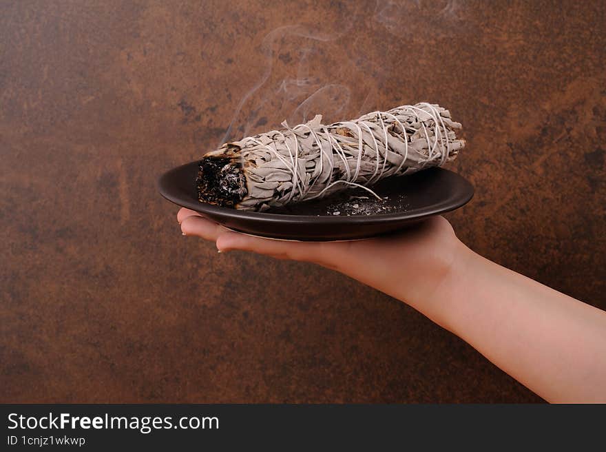 Burning  Bundle Of White Sage. Cleanse The House With Aroma Smoke. Horizontal With Space For Text