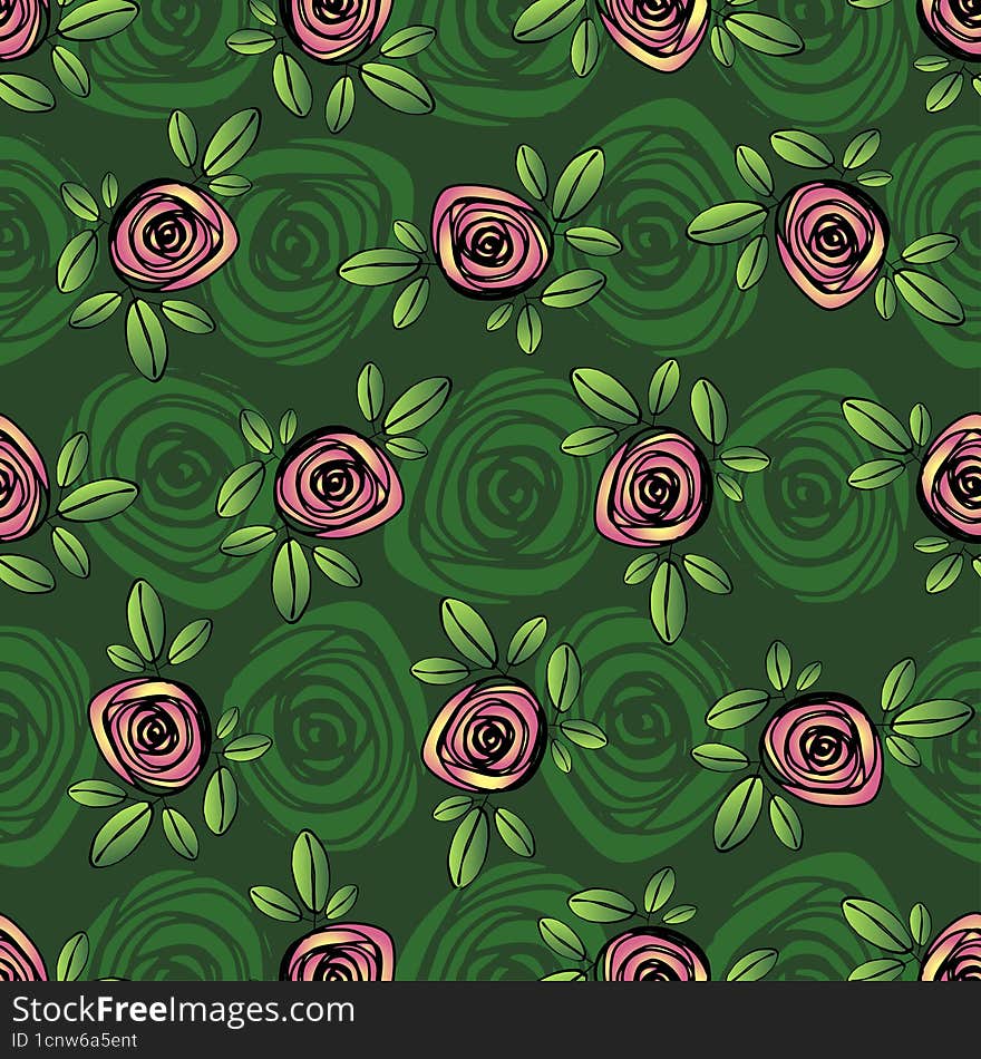 Seamless Floral Pattern With Pink Rose Flowers And Leaves On Green Background