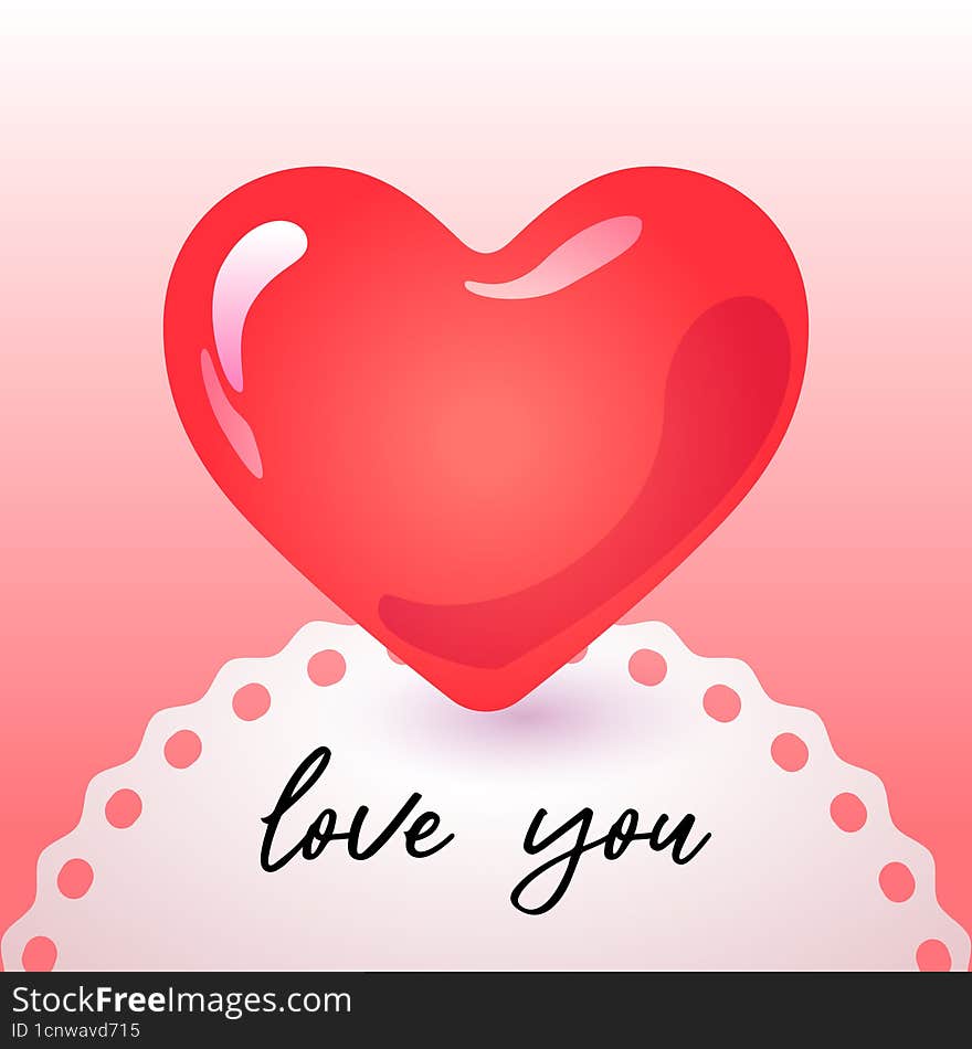 Love You Greeting Card With Red Heart And On Pink Background In Cartoon Style