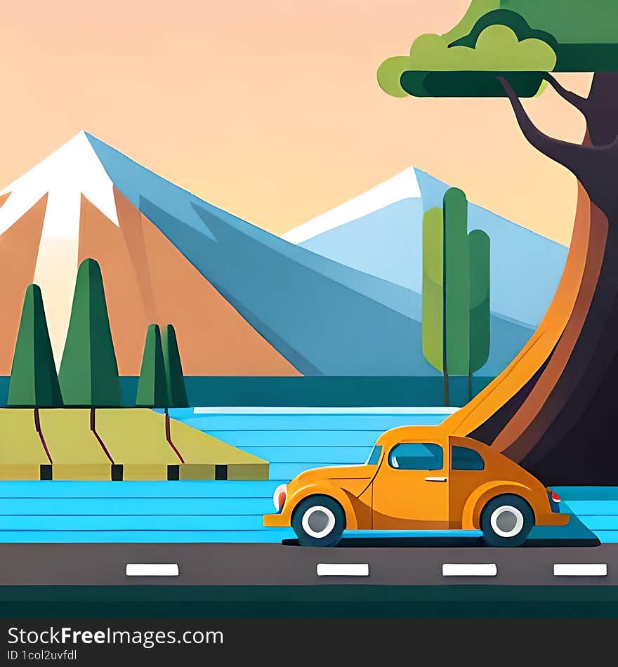 An illustration of a classic orange vw car, driving through country roads and mountains, ready to go on endless roads. An illustration of a classic orange vw car, driving through country roads and mountains, ready to go on endless roads