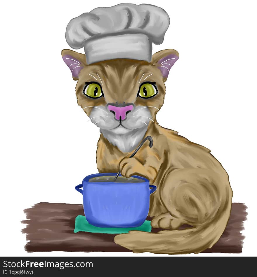 Hand drawn, cute cat cooking