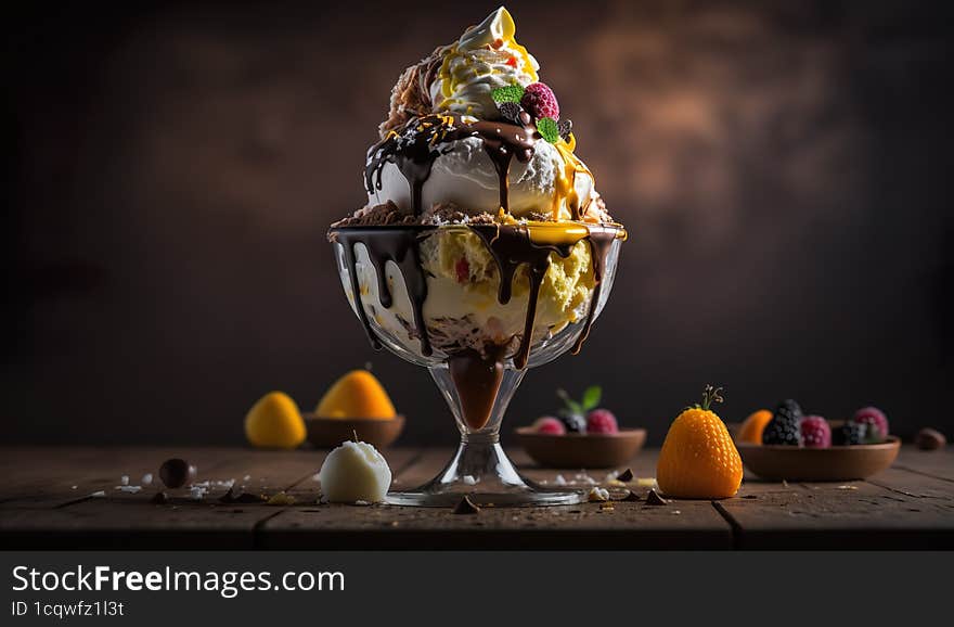 An AI generated illustration of a luscious summer ice cream sundae, the perfect treat for warm, sunlit days.