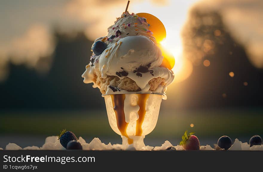 An AI generated illustration of a luscious summer ice cream sundae, the perfect treat for warm, sunlit days.