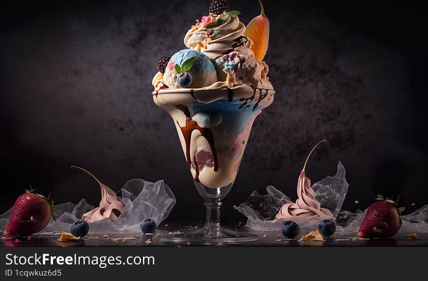 An AI generated illustration of a luscious summer ice cream sundae, the perfect treat for warm, sunlit days.