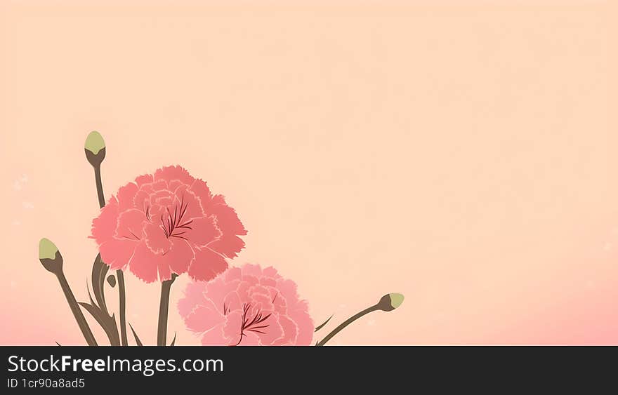 Minimalist Warm Pink Carnation Illustrated Background with Text Copy Space. Flay Lay Style for Mother& x27 s Day, Women& x27 s, Gr