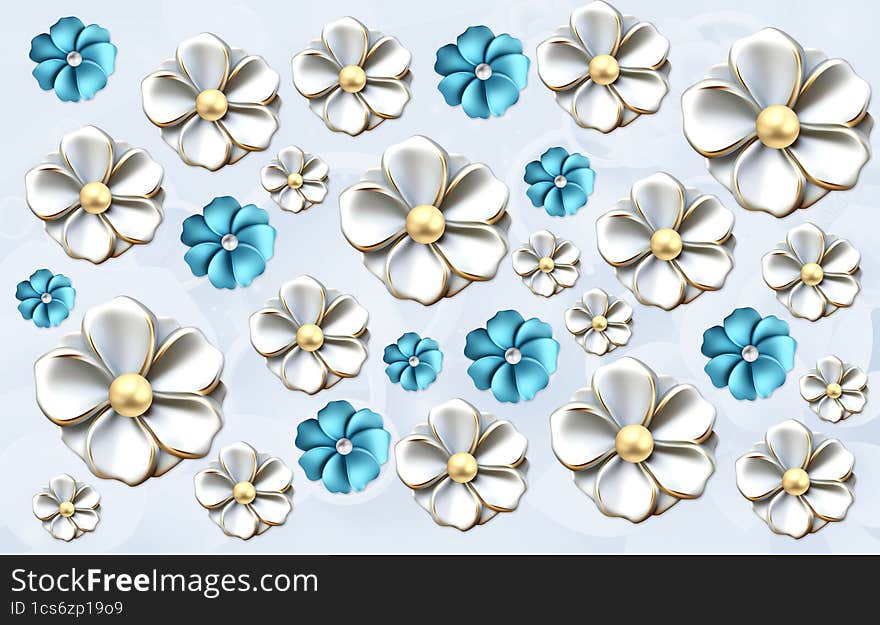 3d floral wallpaper. White, blue, and golden pattern flowers on a light background. Mural art for interior home wall decor