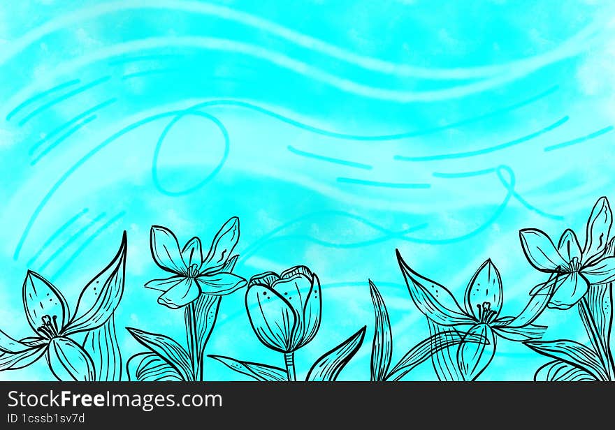 Water Color Background With Flower Line Art