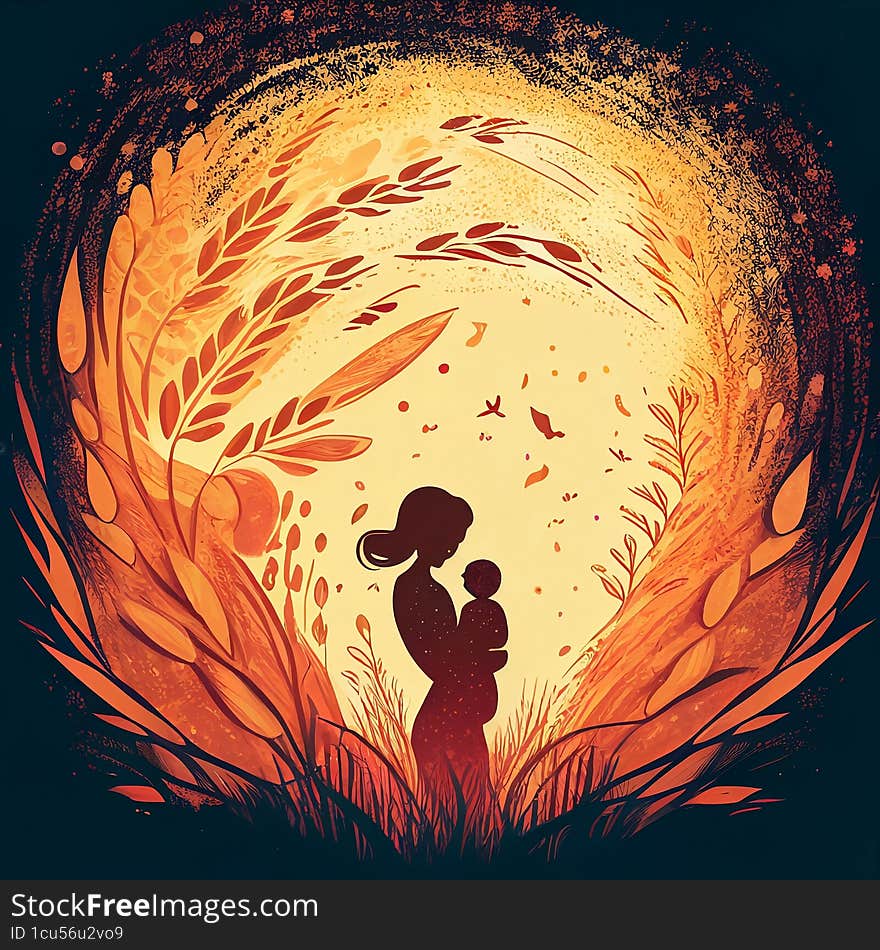 Silhouettes of mother and child surrounded by wheat ears. The mother holds the child in her arms.