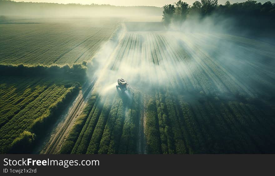 Generative AI, Farm agriculture watered or pesticides spray green fields. Irrigation equipment system, aerial view