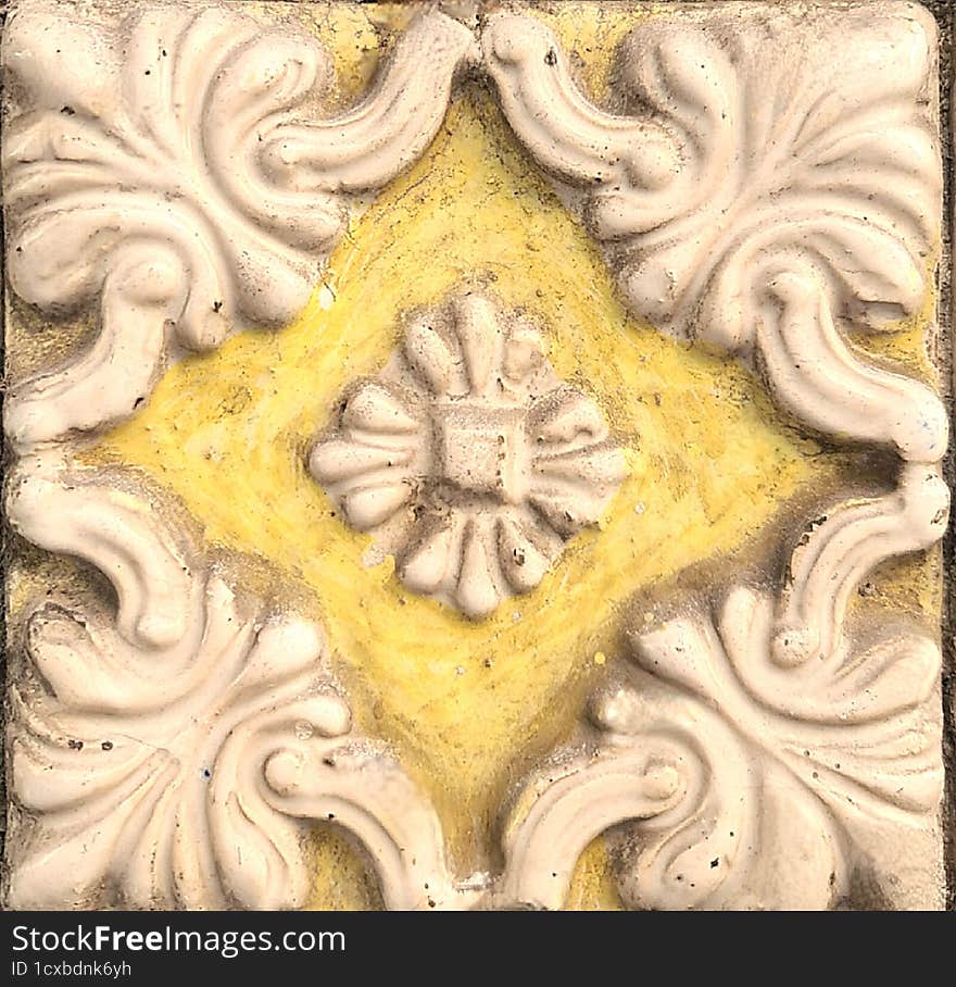 old portuguese ceramic tile with yellow background 3d ornaments with white rounded shapes