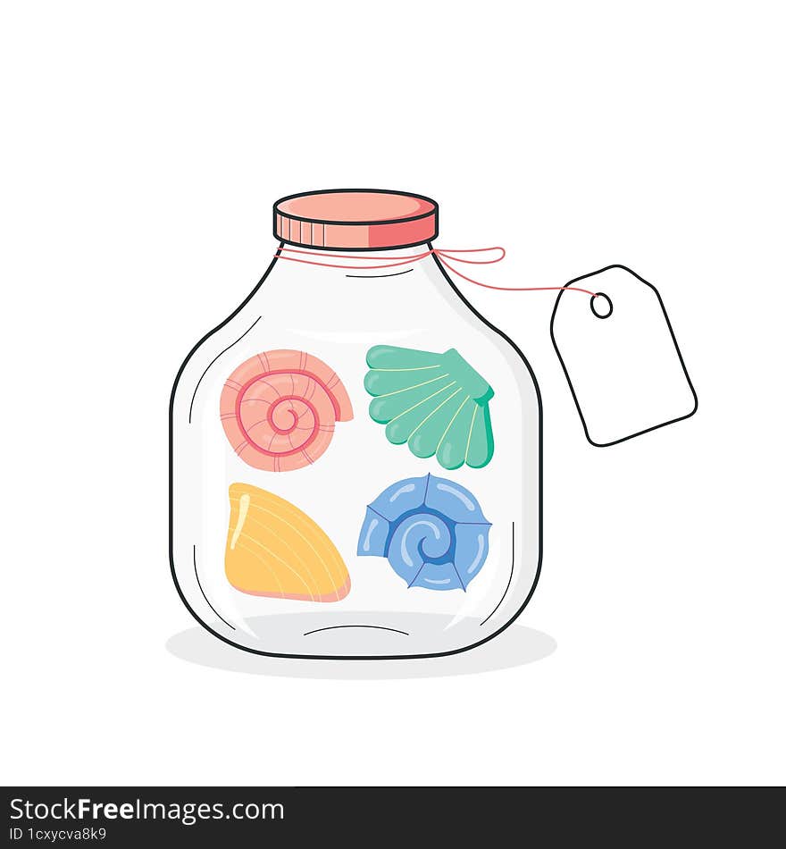 Glass flask with sea shells. Vacation memories. For a gift shop. Vector cartoon close-up. Vector