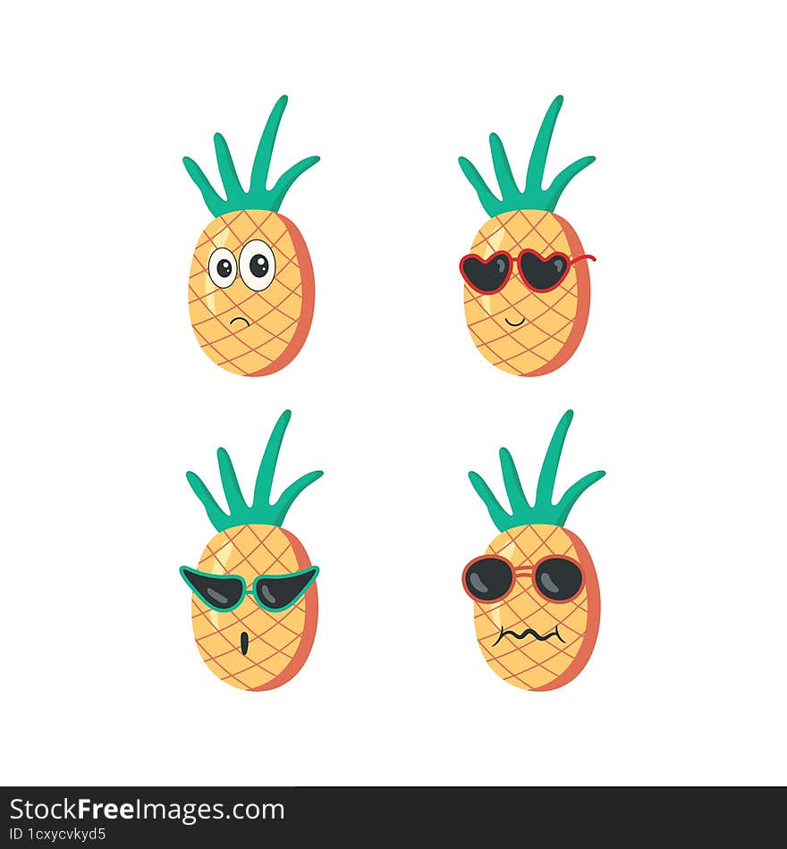 Set of cute pineapples isolated on a white background. Flat design. Vector