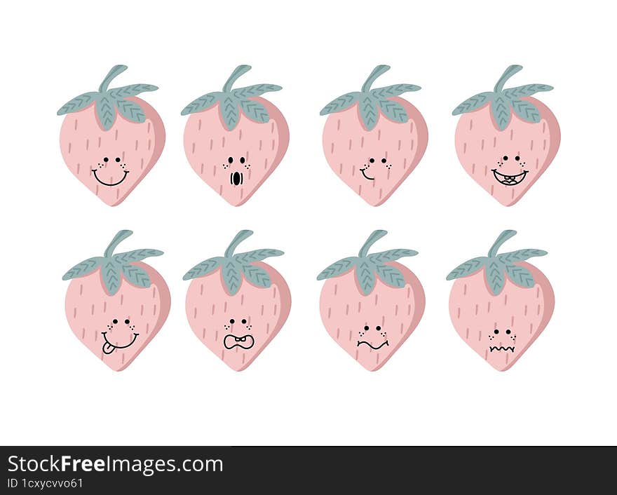 Beautiful strawberries with different emotions. Funny berries. Stickers set. Bright decorative set of design elements. All objects