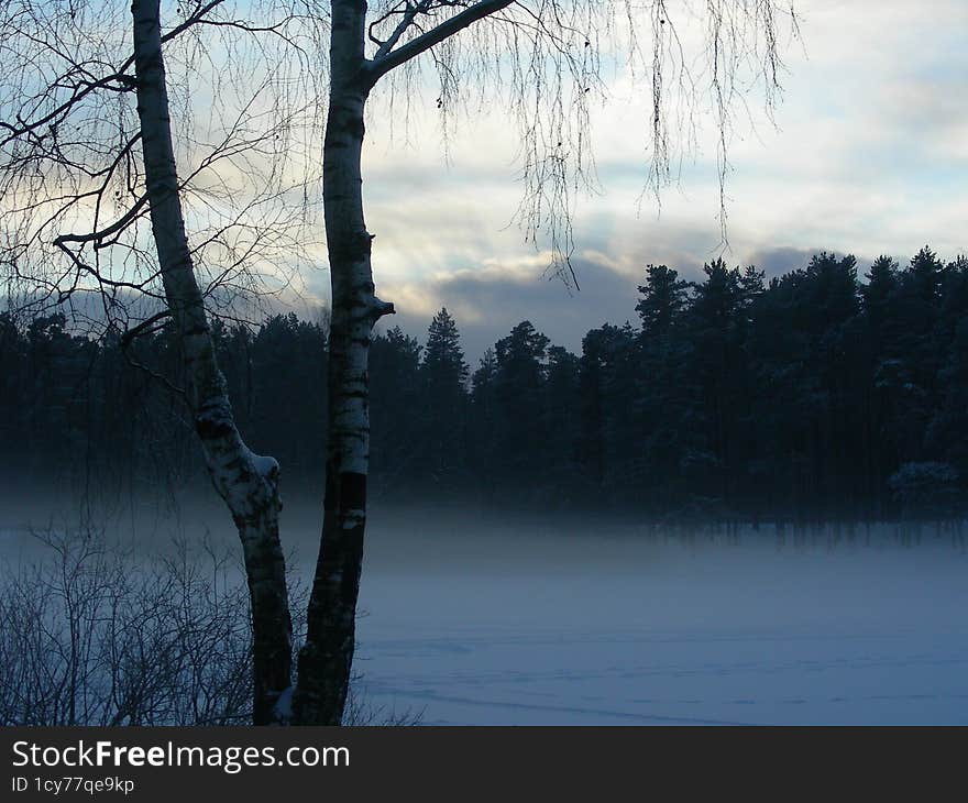 Beautiful view of a winter lake. A winter fog and lake create a dreamy scene.