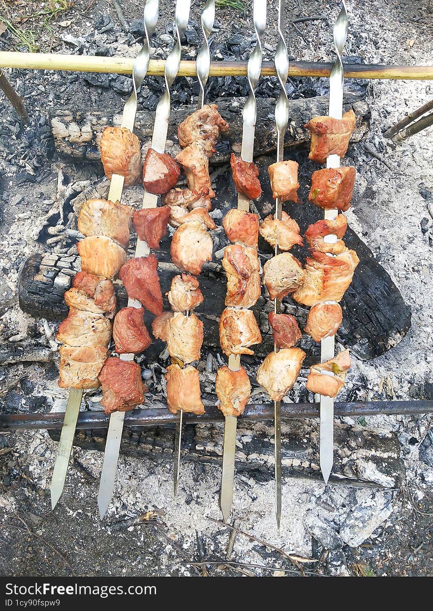 Six skewers with meat are fried on a fire in the forest