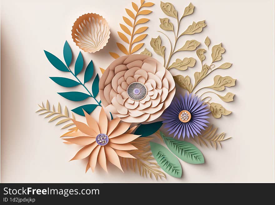 3d Floral Craft Wallpaper. Orange, Rose, Green And Yellow Flowers On A Light Background