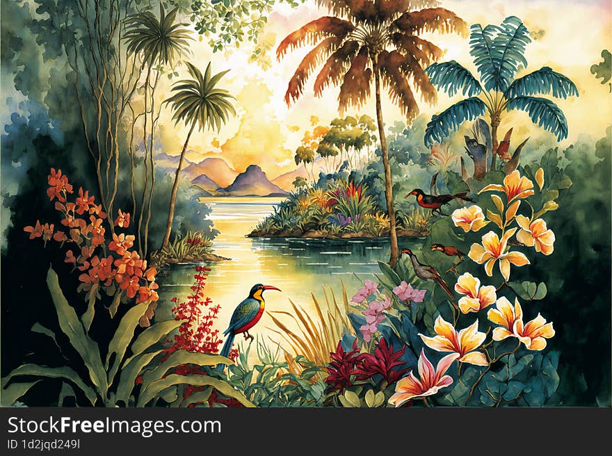 Tropical Paradise wallpaper. trees and birds with detailed watercolor paintings of a serene, tropical Hawaiian landscape