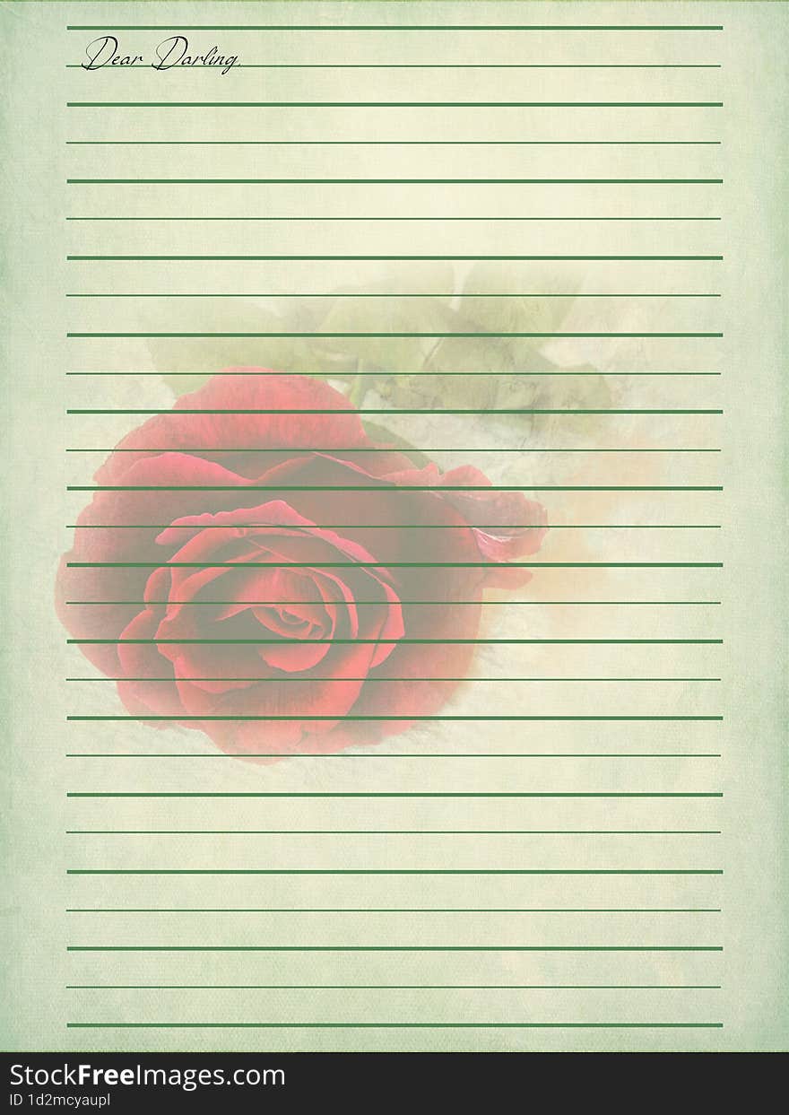 Vintage romantic writing paper for letters. Background old paper with green lines and red rose and inscription Dear Darling.