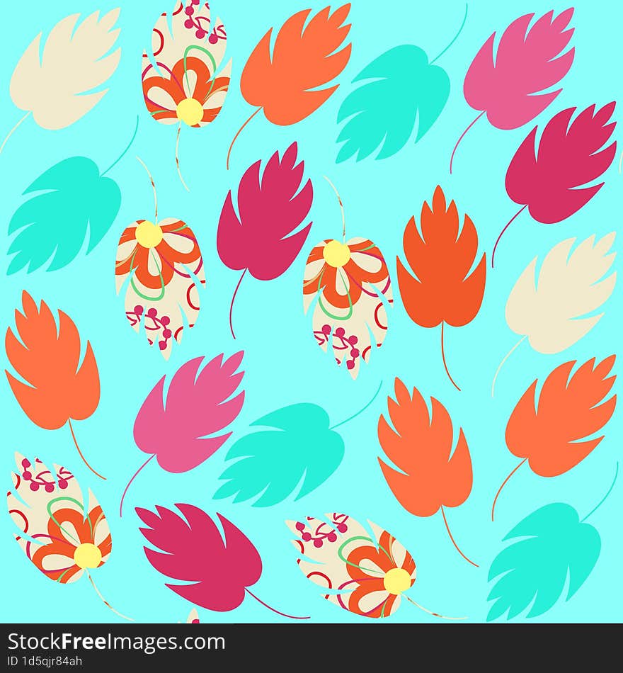 Cute colorful  seamless pattern with abstract colorful green, orange, pink leaves