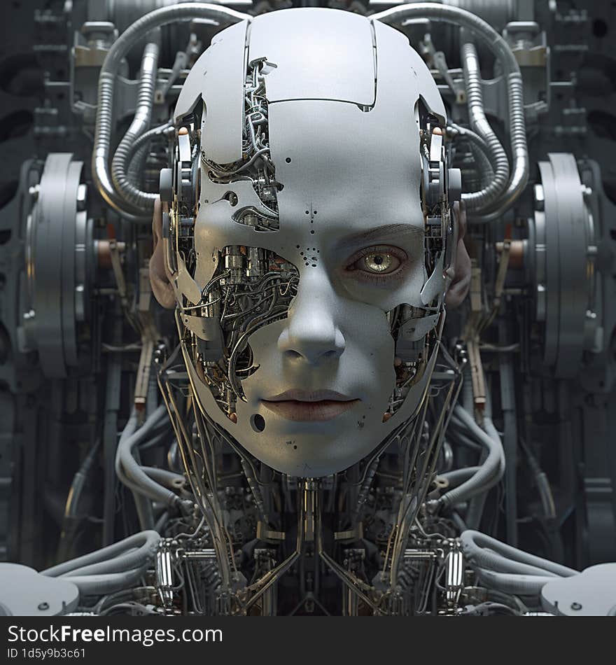 Robo Girl Head in Robot Factory. This is an imaginary concept generated with Artificial Intelligence.